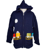 Navy Blue Boy's Jumper with a Train on front, and STOP sign on back, zip and hood.