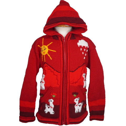 A Traditional Peruvian design - girl's country cardigan in red with animals on.