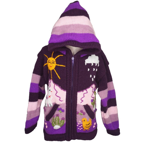 A Traditional Peruvian design - girl's country cardigan in purple with animals on.