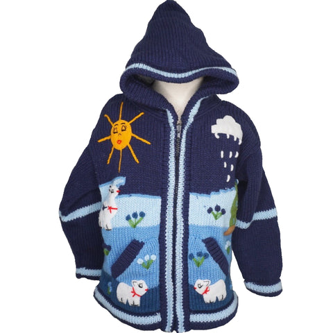A Traditional Peruvian design - boy's country jumper in denim blue with animals on.