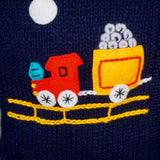 Navy Blue Boy's Jumper with a Train on front, and STOP sign on back, zip and hood.