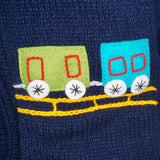 Navy Blue Boy's Jumper with a Train on front, and STOP sign on back, zip and hood.