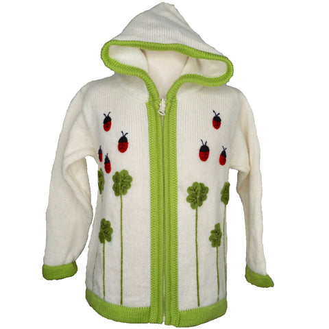 Girl's Cardigan off-white with clover and ladybirds embroidered all over.