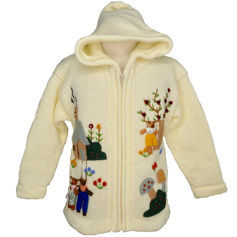 Girl's Goldilocks and the Three Bears Cardigan in cream with a zip front and hood.