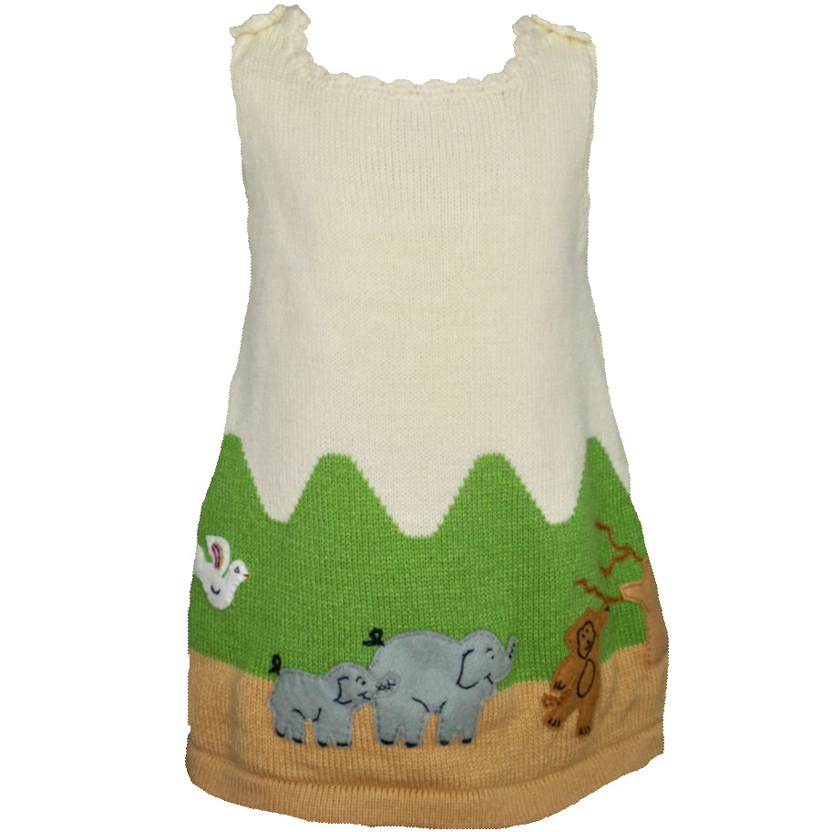 Jungle animal dress, in cream with animals embroidered along the bottom.