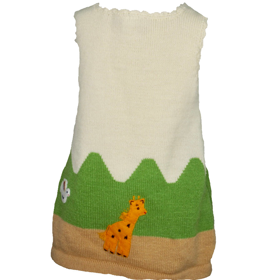 Jungle animal dress, in cream with animals embroidered along the bottom.