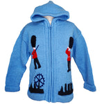 Boy's London jumper with a zip and hood, guardsman and phone box on.