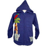 Jungle animals boy's jumper in denim blue with animals on back and front & hood.