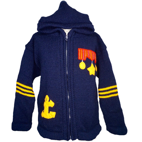 Boy's Admiral Jumper in navy blue with a hood and zip front.