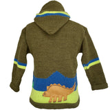 Boy's Dinosaur Jumper in green with a hood and zip front.