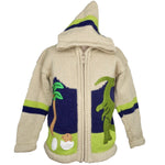 Boy's Dinosaur Jumper in beige with a hood and zip front.