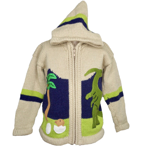 Boy's Dinosaur Jumper in beige with a hood and zip front.